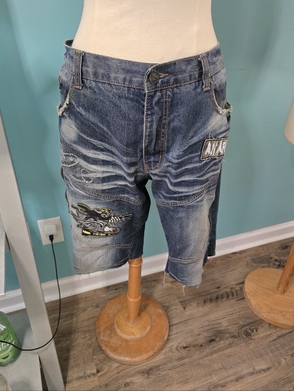 Vintage America Blue Distressed Patchwork Jean Shorts with Patches - Size: 40/34